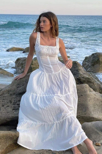Smocked Square Neck Ruffle Strap Tiered A-Line Maxi Dress