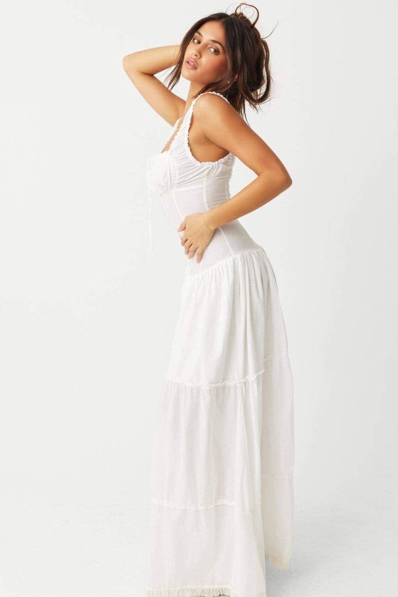 Smocked Square Neck Ruffle Strap Tiered A-Line Maxi Dress