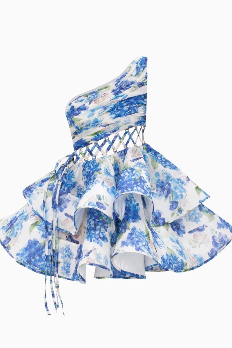 Large Floral Print Lace-Up Side Tie Tiered Ruffle Mini Dress