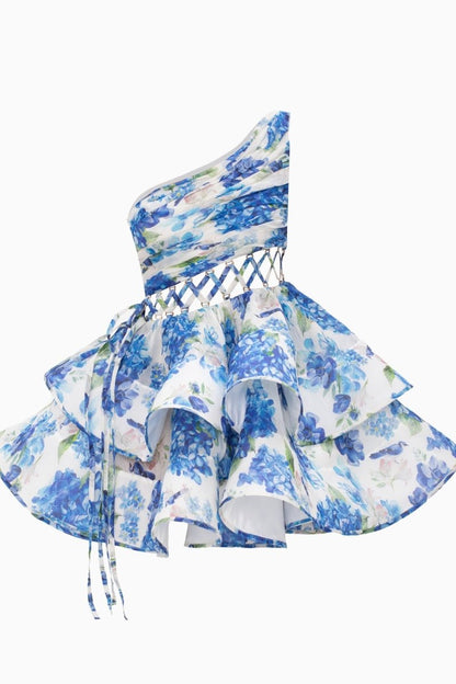 Large Floral Print Lace-Up Side Tie Tiered Ruffle Mini Dress