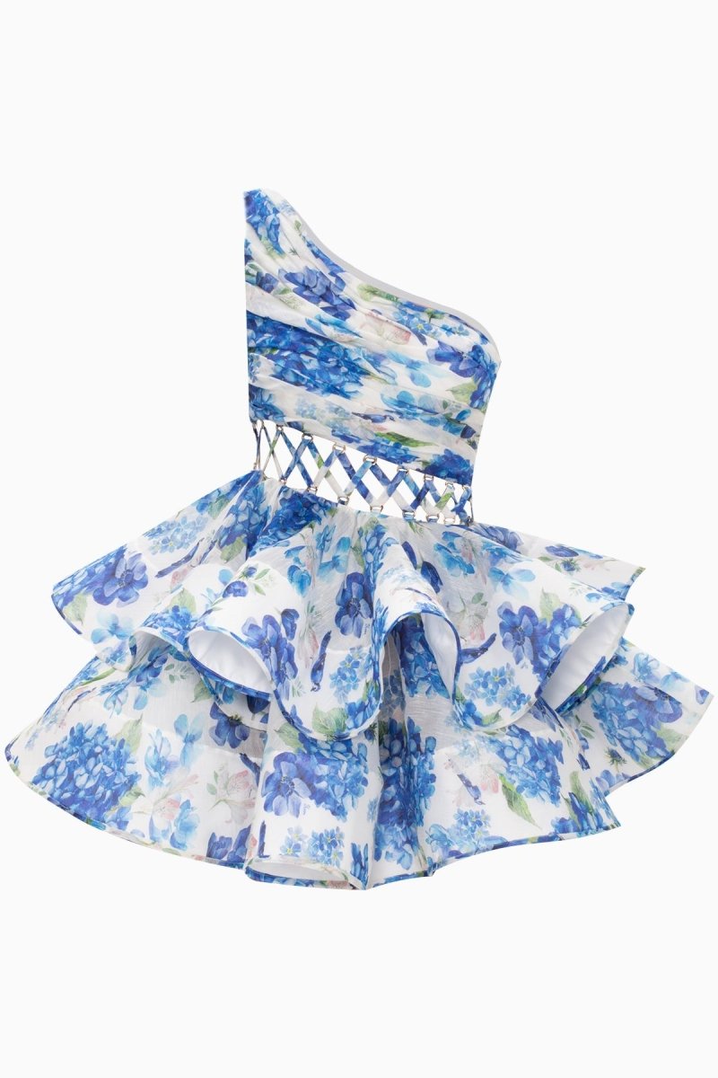 Large Floral Print Lace-Up Side Tie Tiered Ruffle Mini Dress