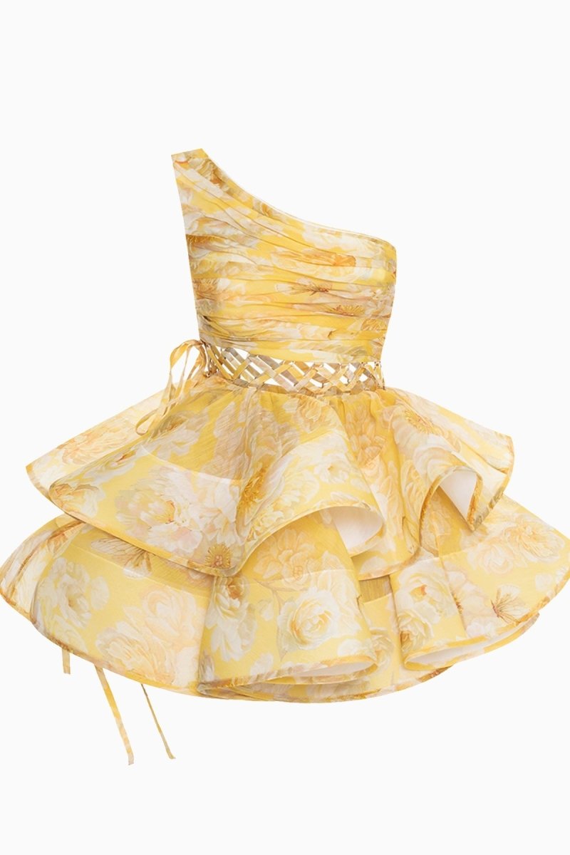 Large Floral Print Lace-Up Side Tie Tiered Ruffle Mini Dress