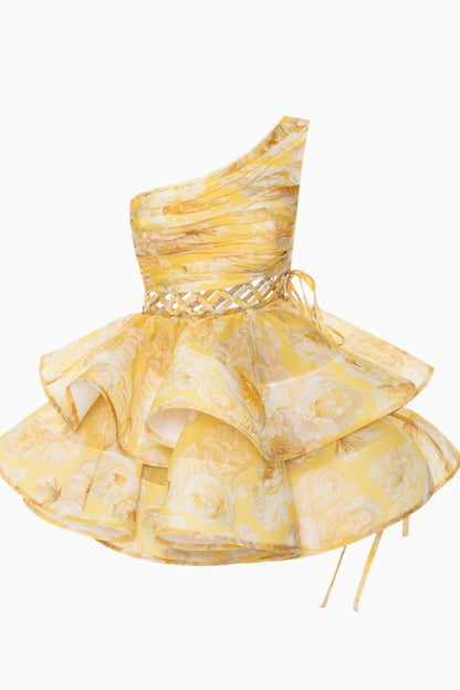 Floral Print Sleeveless Side Lace-Up Cutout Tiered Ruffle Mini Dress