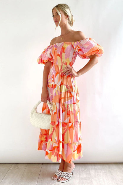 Abstract Tropical Print Off-the-Shoulder Smocked Puff Sleeve Tiered Maxi Dress