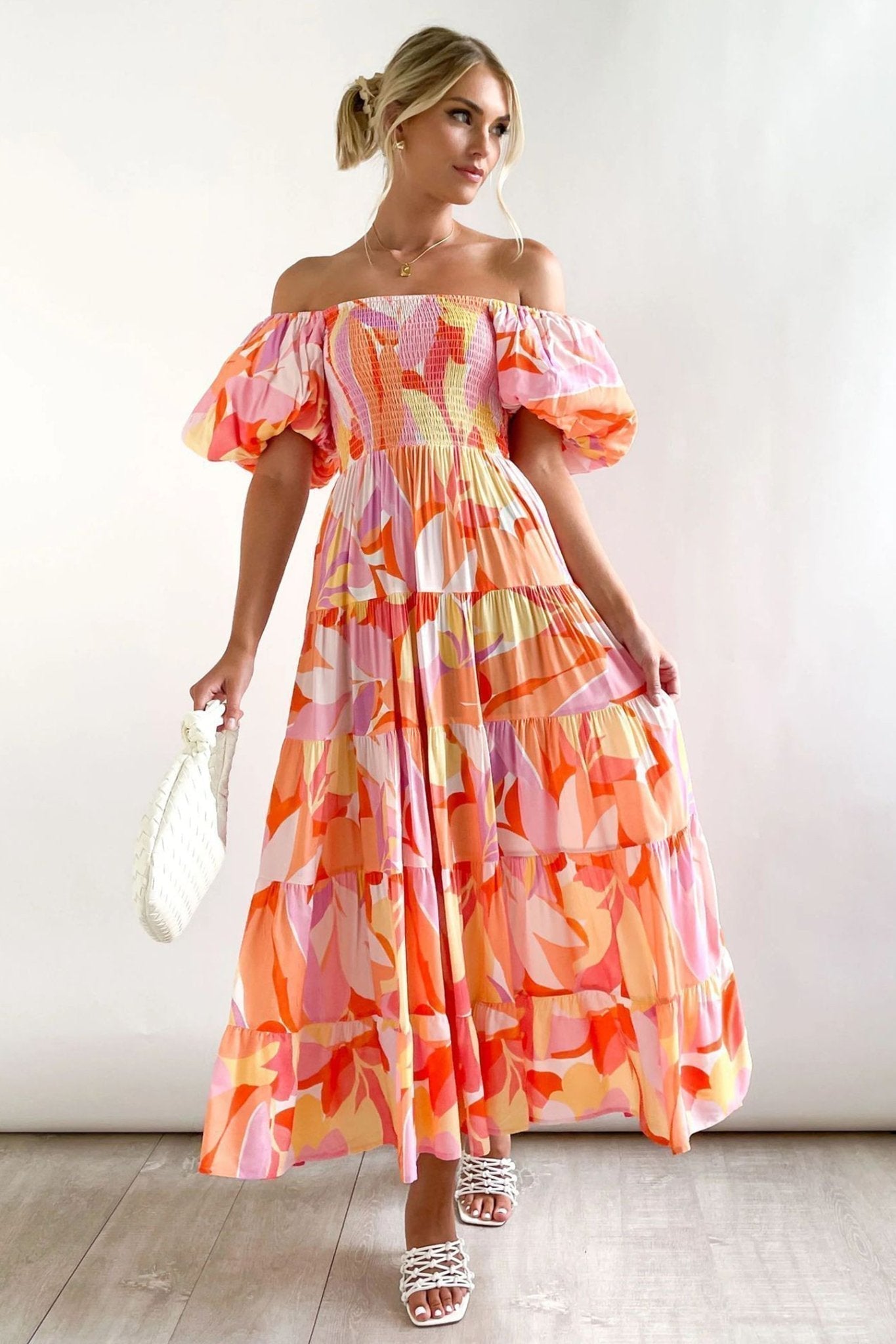 Abstract Tropical Print Off-the-Shoulder Smocked Puff Sleeve Tiered Maxi Dress