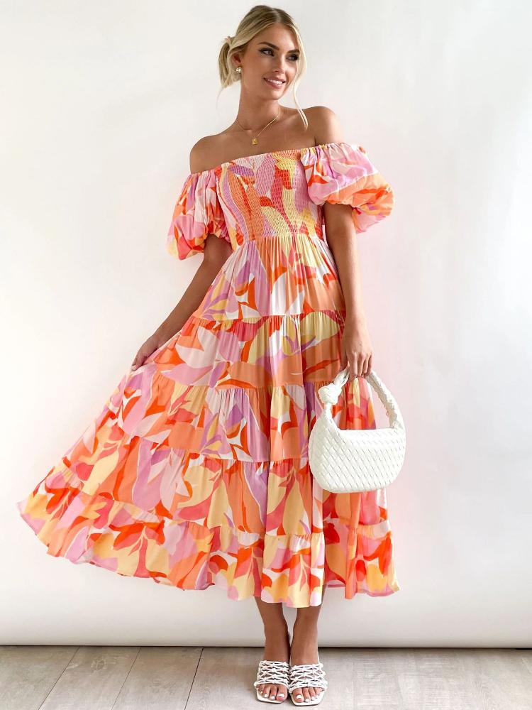 Off-the-Shoulder Smocked Puff Sleeve Tiered Abstract Floral Maxi Dress