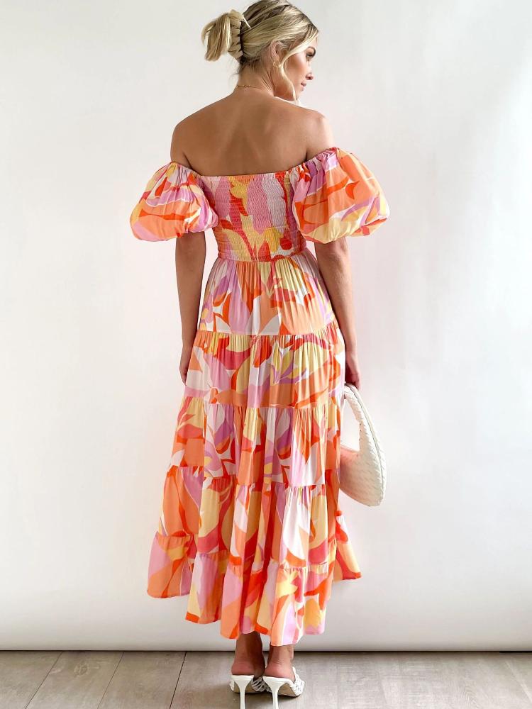 Abstract Tropical Print Off-the-Shoulder Smocked Puff Sleeve Tiered Maxi Dress