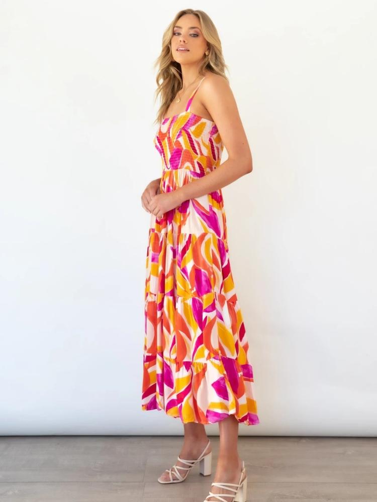 Abstract Swirl Print Smocked Square Neck Wide-Strap Tiered Midi Dress