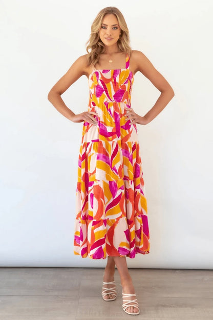 Abstract Print Smocked Square Neck Tiered Ruffle Midi Dress