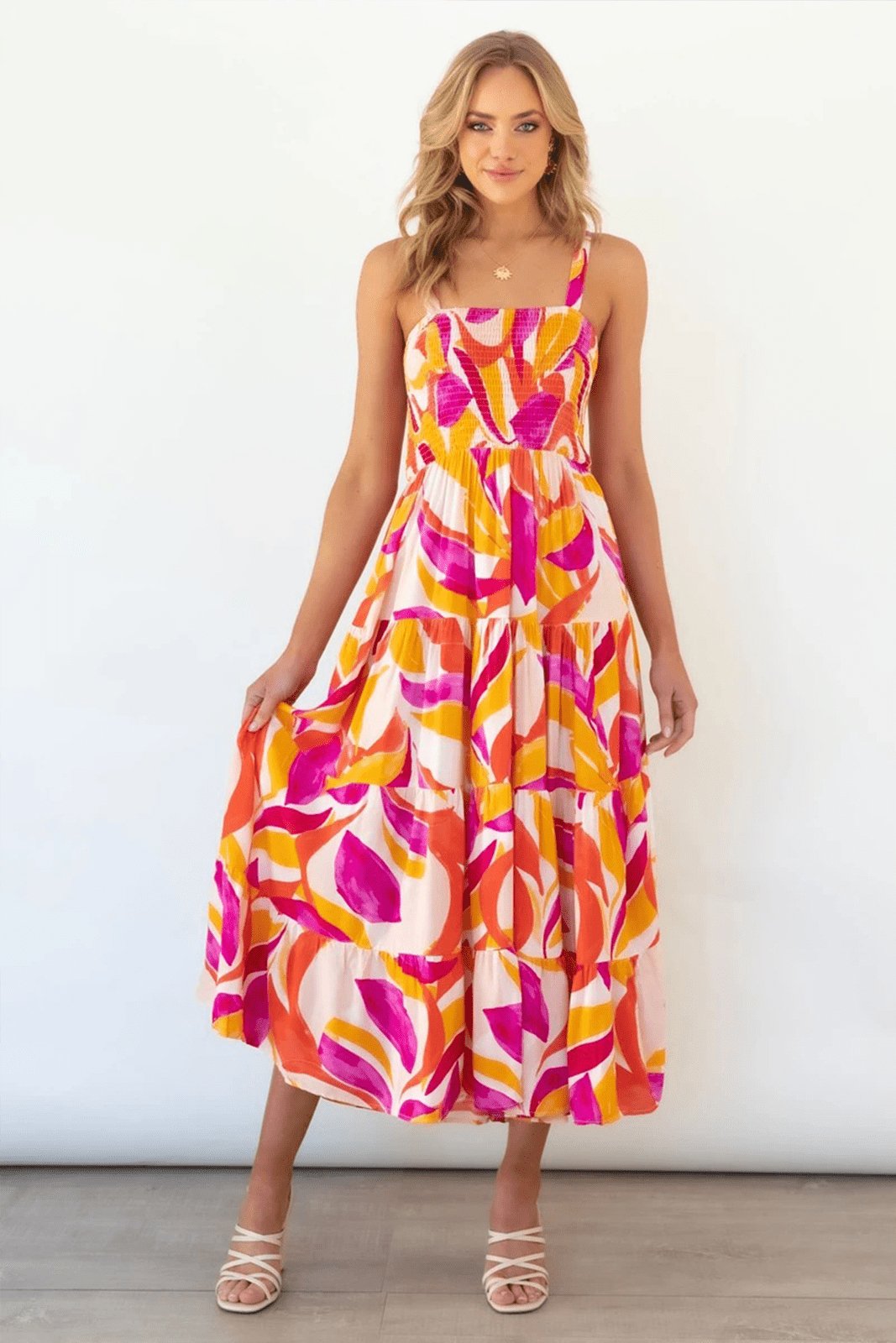 Abstract Swirl Print Smocked Square Neck Wide-Strap Tiered Midi Dress