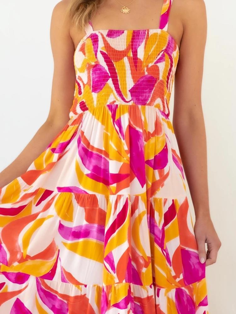 Abstract Print Smocked Square Neck Tiered Midi Dress