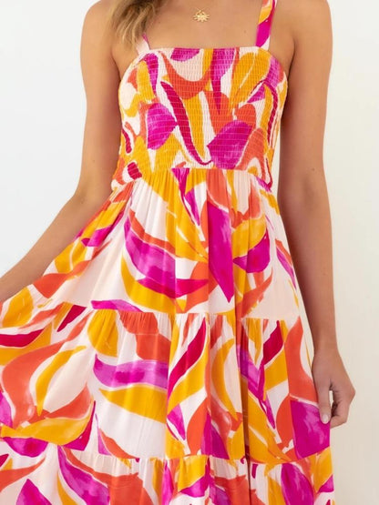 Abstract Print Smocked Square Neck Tiered Ruffle Midi Dress
