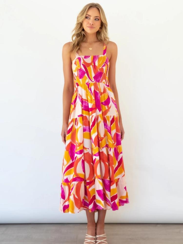 Abstract Print Smocked Square Neck Tiered Ruffle Midi Dress