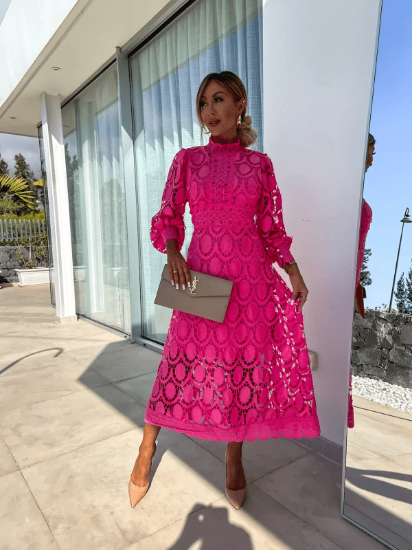 Mock Neck Ruffle Trim Guipure Lace Lantern Sleeve Fit and Flare Midi Dress