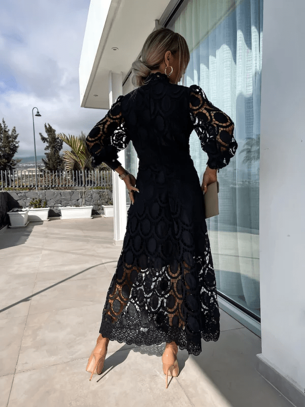 Mock Neck Ruffle Trim Guipure Lace Lantern Sleeve Fit and Flare Midi Dress