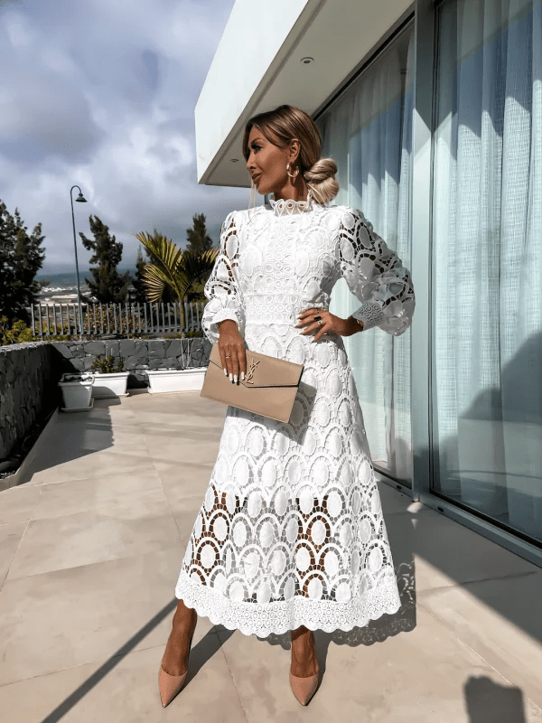 Mock Neck Ruffle Trim Guipure Lace Lantern Sleeve Fit and Flare Midi Dress
