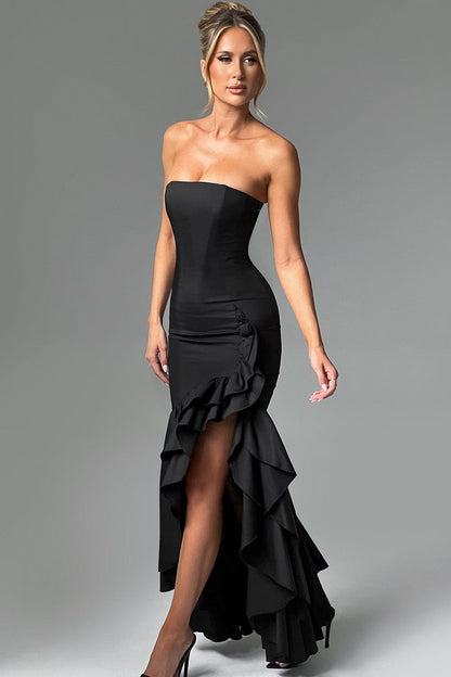 Strapless Corset Bodice Ruffle Trim High Slit Bodycon Maxi Dress
