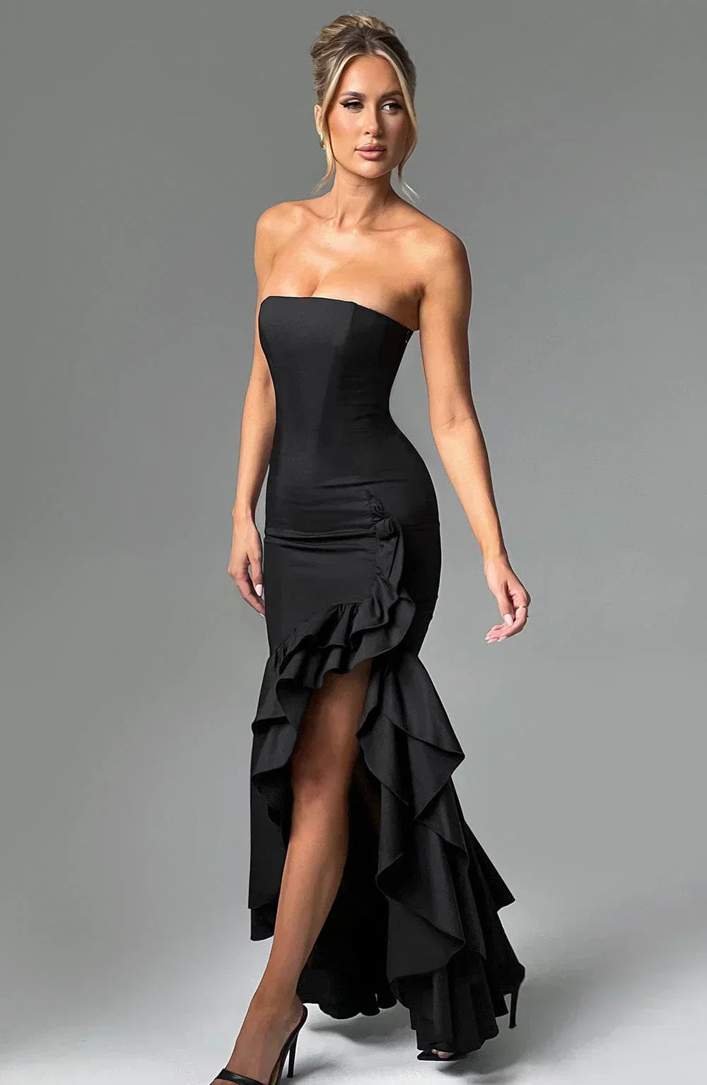 Strapless Floral Print Corset Mermaid Ruffle Asymmetrical Hem Maxi Dress