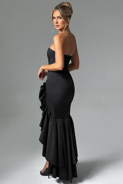 Strapless Corset Bodice Ruffle Trim High Slit Bodycon Maxi Dress