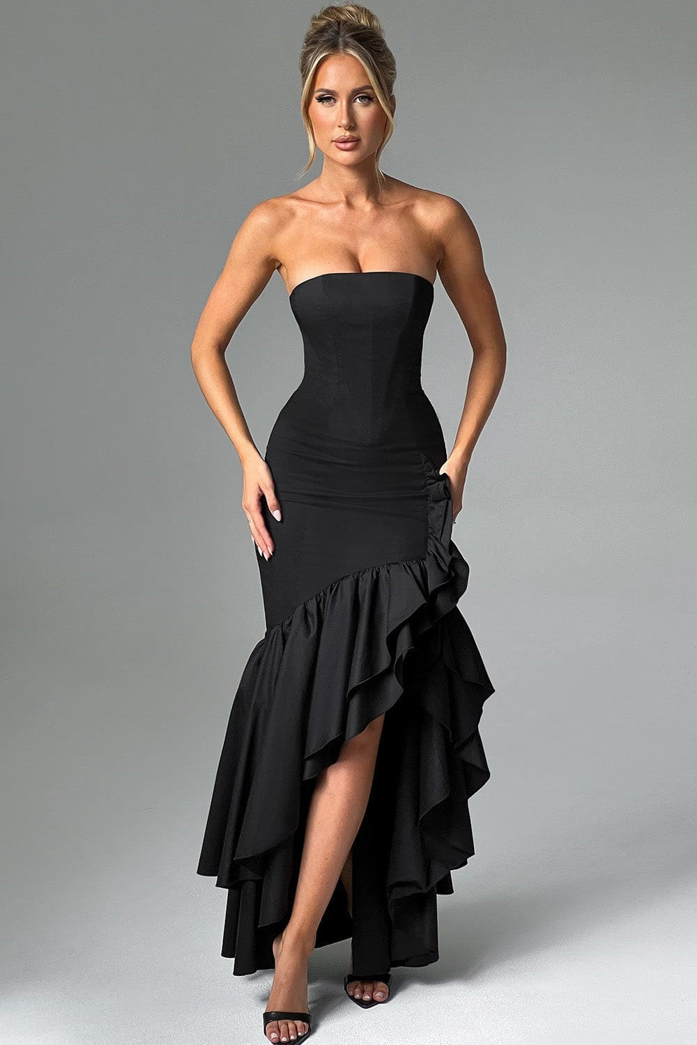 Strapless Corset Bodice Ruffle Trim High Slit Bodycon Maxi Dress