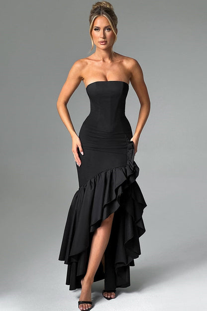 Strapless Corset Bodice Ruffle Trim High Slit Bodycon Maxi Dress