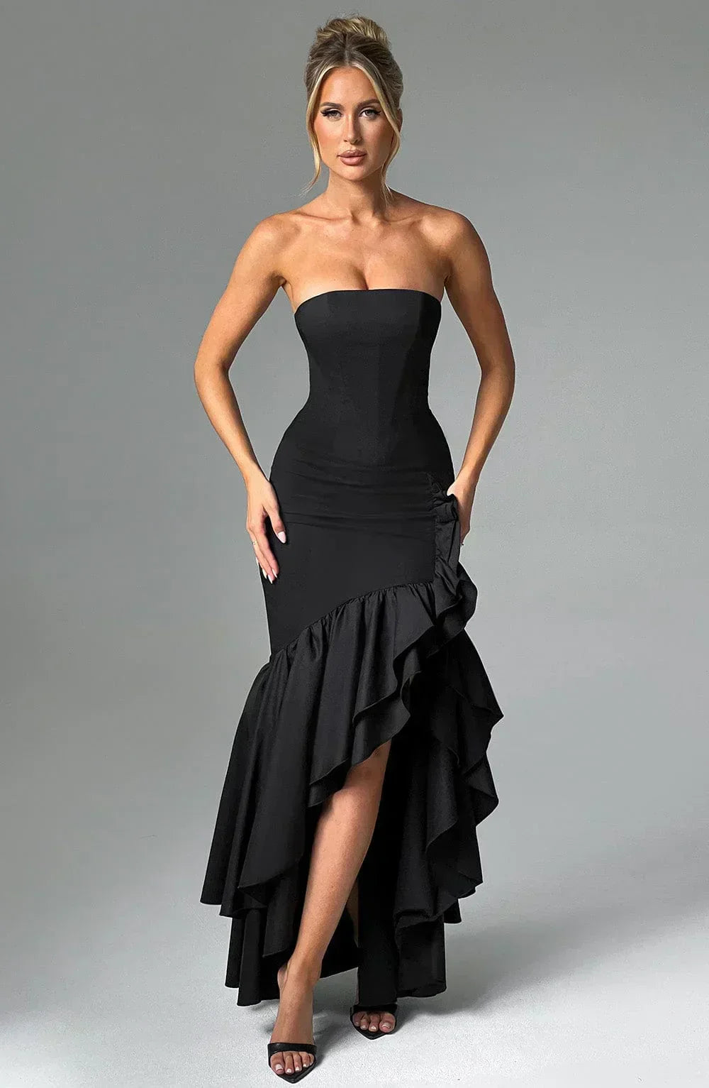 Strapless Floral Print Corset Mermaid Ruffle Asymmetrical Hem Maxi Dress