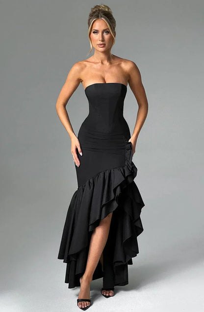 Strapless Floral Print Corset Mermaid Ruffle Asymmetrical Hem Maxi Dress