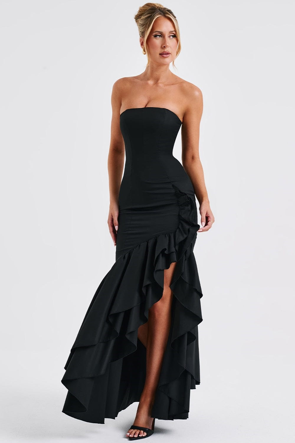 Strapless Corset Bodice Ruffle Trim High Slit Bodycon Maxi Dress