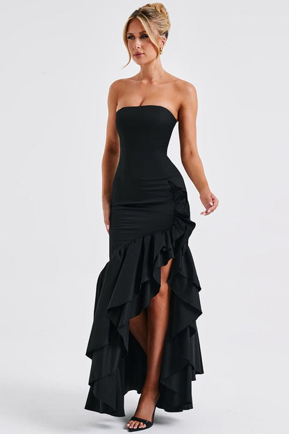 Strapless Corset Bodice Ruffle Trim High Slit Bodycon Maxi Dress