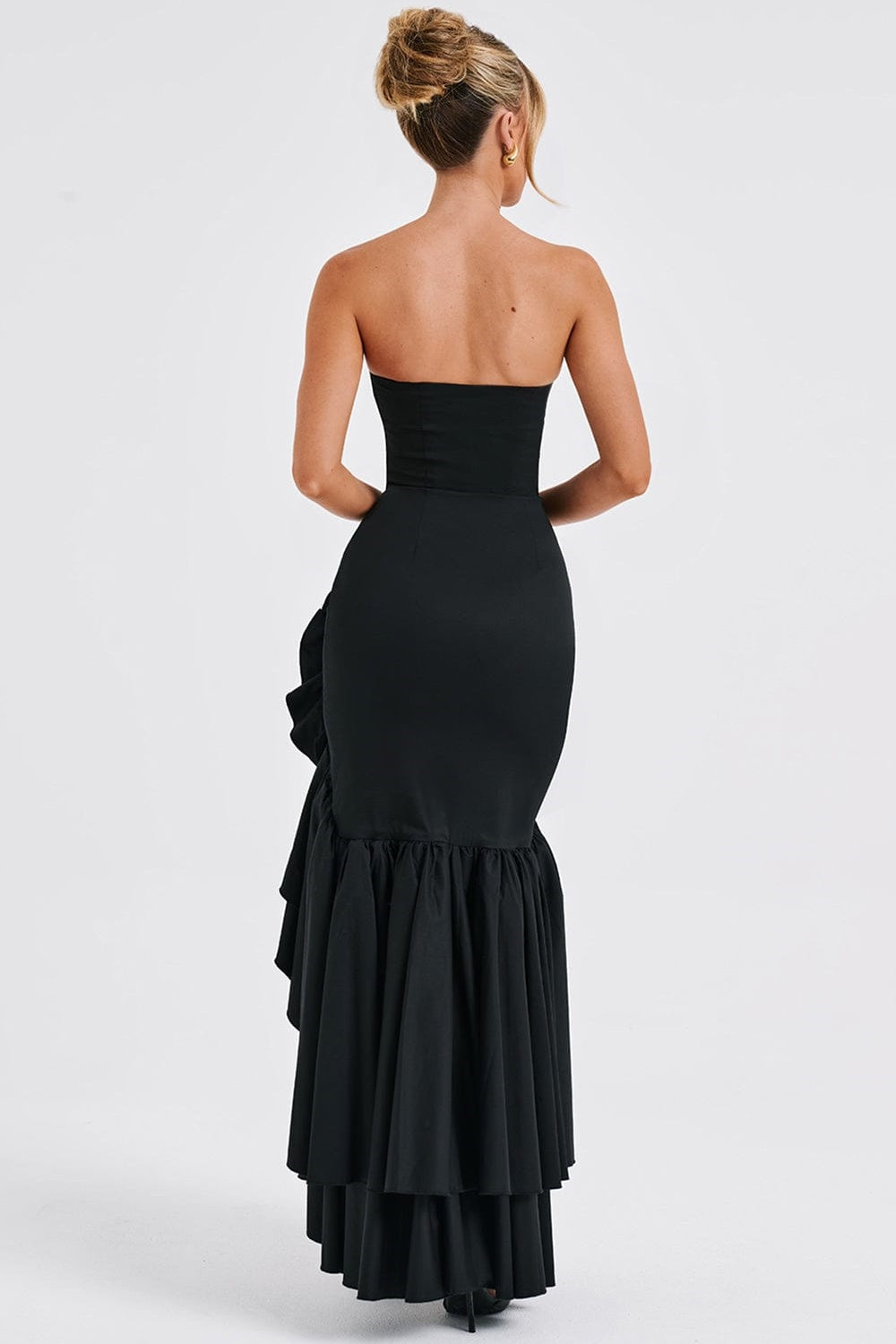 Strapless Corset Bodice Ruffle Trim High Slit Bodycon Maxi Dress
