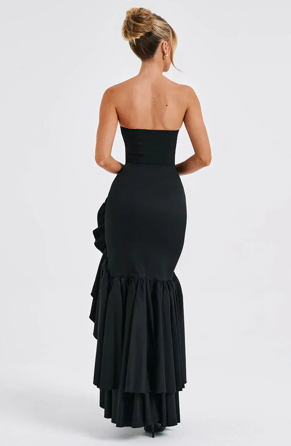 Strapless Floral Print Corset Mermaid Ruffle Asymmetrical Hem Maxi Dress