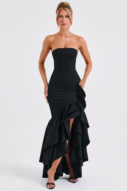 Strapless Corset Bodice Ruffle Trim High Slit Bodycon Maxi Dress