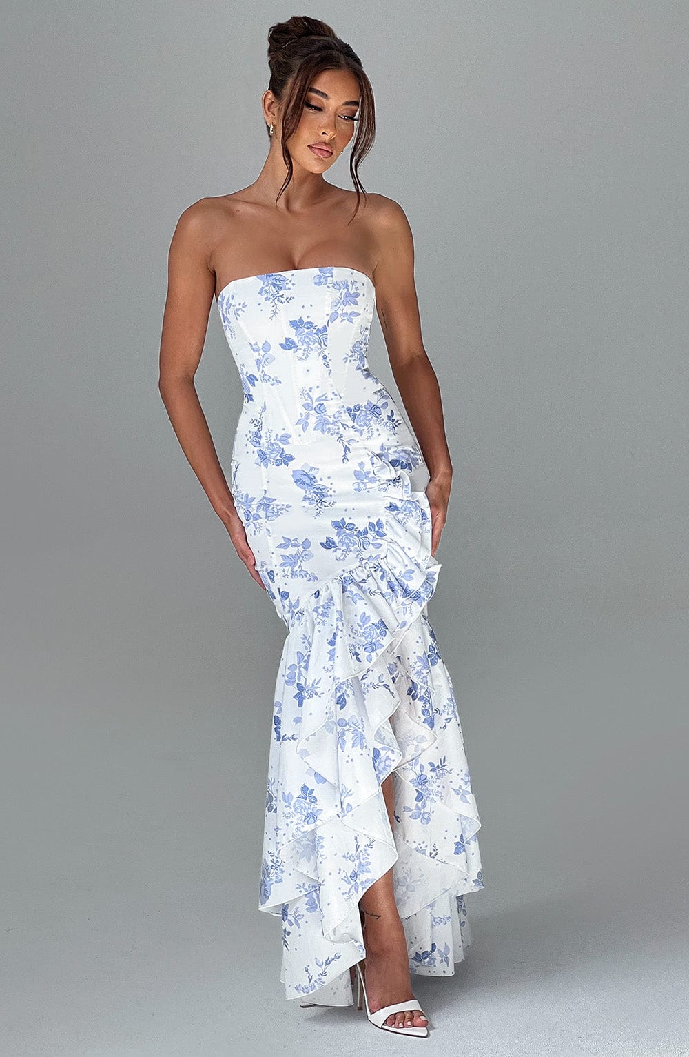 Strapless Floral Print Corset Mermaid Ruffle Asymmetrical Hem Maxi Dress