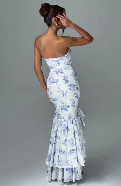 Strapless Floral Print Corset Mermaid Ruffle Asymmetrical Hem Maxi Dress
