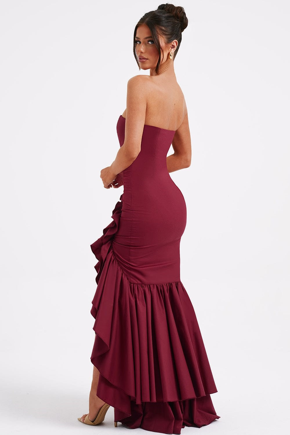 Strapless Corset Bodice Ruffle Trim High Slit Bodycon Maxi Dress