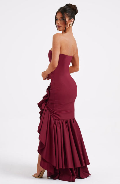 Strapless Floral Print Corset Mermaid Ruffle Asymmetrical Hem Maxi Dress