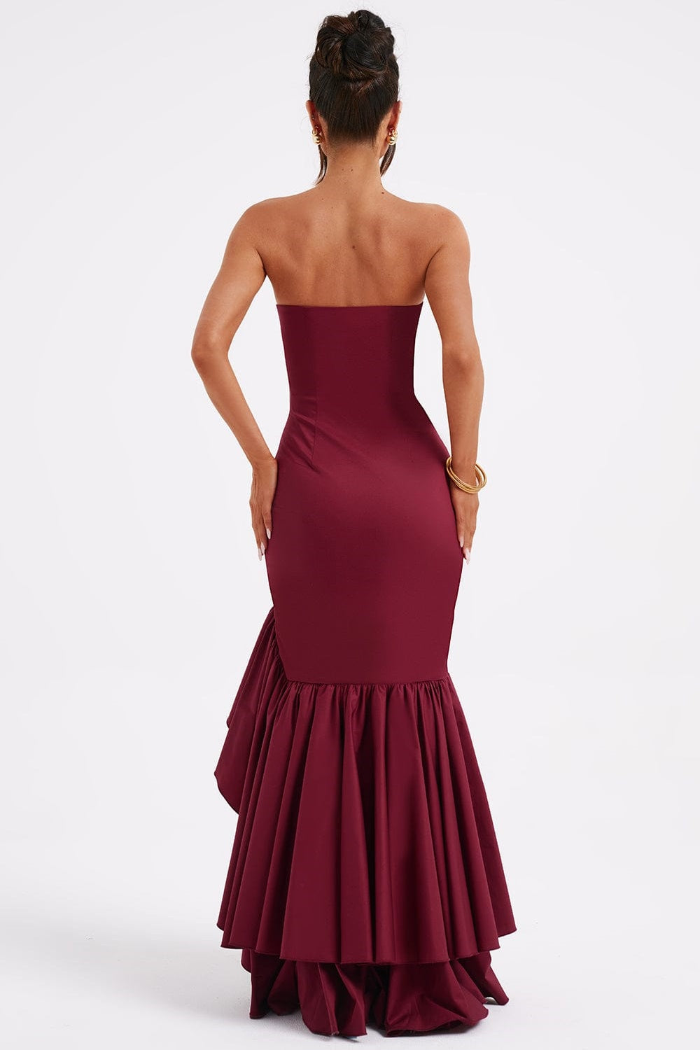 Strapless Corset Bodice Ruffle Trim High Slit Bodycon Maxi Dress
