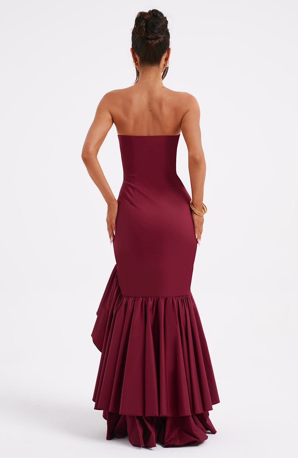 Strapless Floral Print Corset Mermaid Ruffle Asymmetrical Hem Maxi Dress