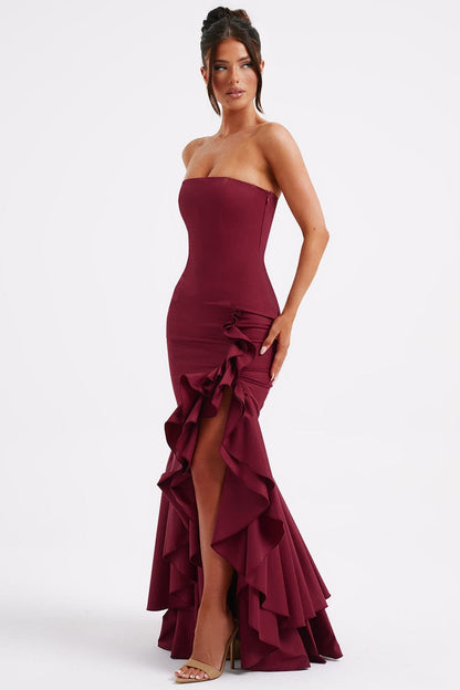 Strapless Corset Bodice Ruffle Trim High Slit Bodycon Maxi Dress