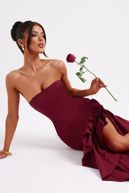 Strapless Corset Bodice Ruffle Trim High Slit Bodycon Maxi Dress