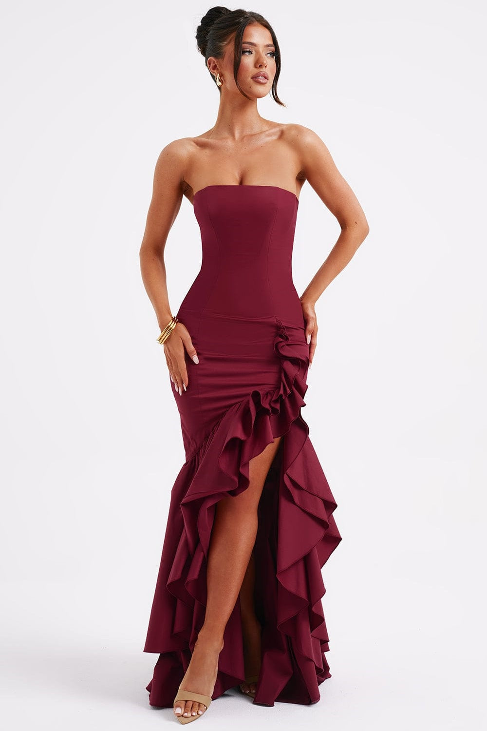 Strapless Corset Bodice Ruffle Trim High Slit Bodycon Maxi Dress