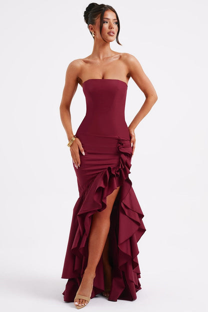 Strapless Corset Bodice Ruffle Trim High Slit Bodycon Maxi Dress