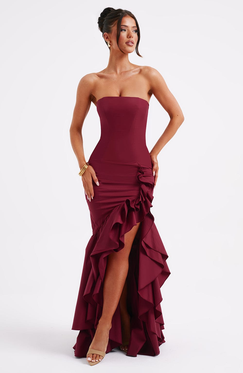 Strapless Floral Print Corset Mermaid Ruffle Asymmetrical Hem Maxi Dress