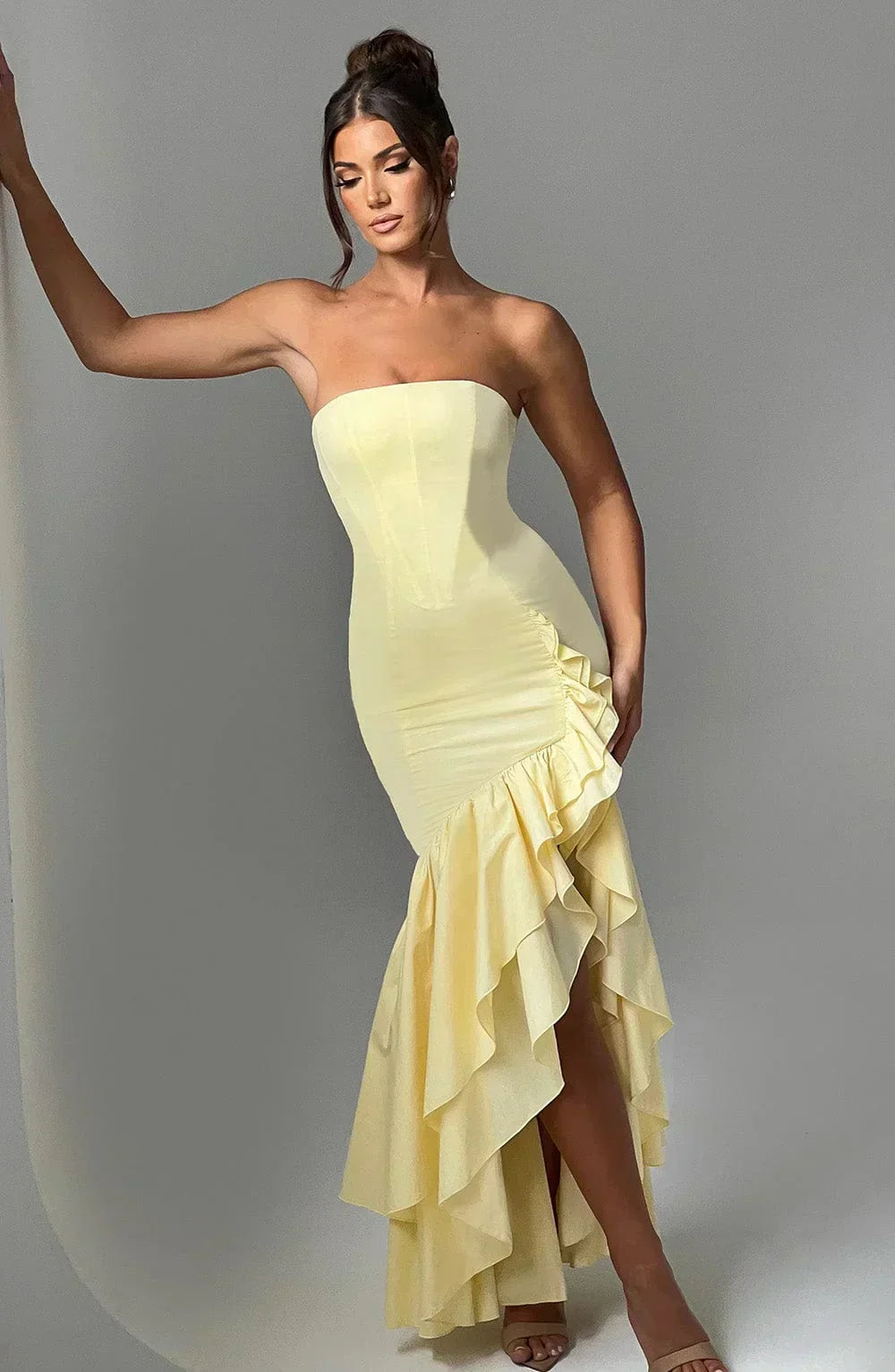 Strapless Floral Print Corset Mermaid Ruffle Asymmetrical Hem Maxi Dress