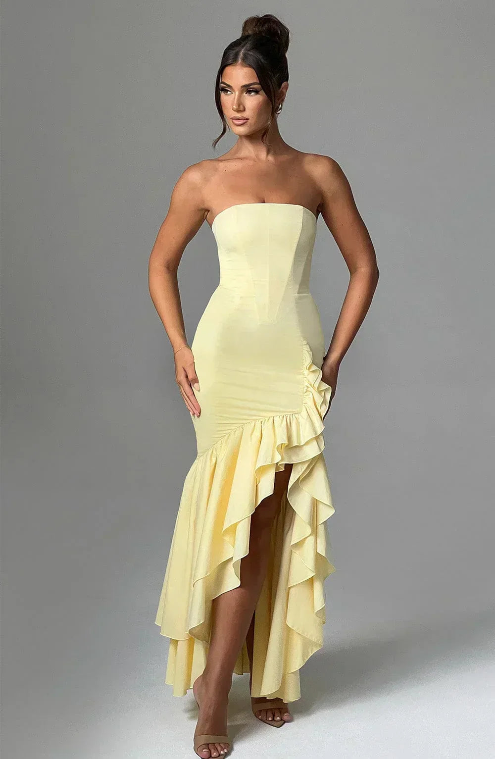 Strapless Floral Print Corset Mermaid Ruffle Asymmetrical Hem Maxi Dress