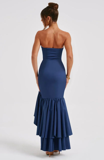 Strapless Floral Print Corset Mermaid Ruffle Asymmetrical Hem Maxi Dress