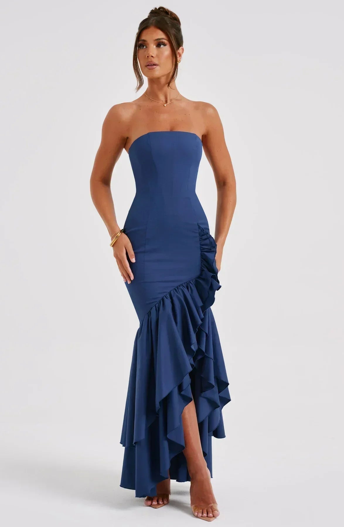 Strapless Floral Print Corset Mermaid Ruffle Asymmetrical Hem Maxi Dress