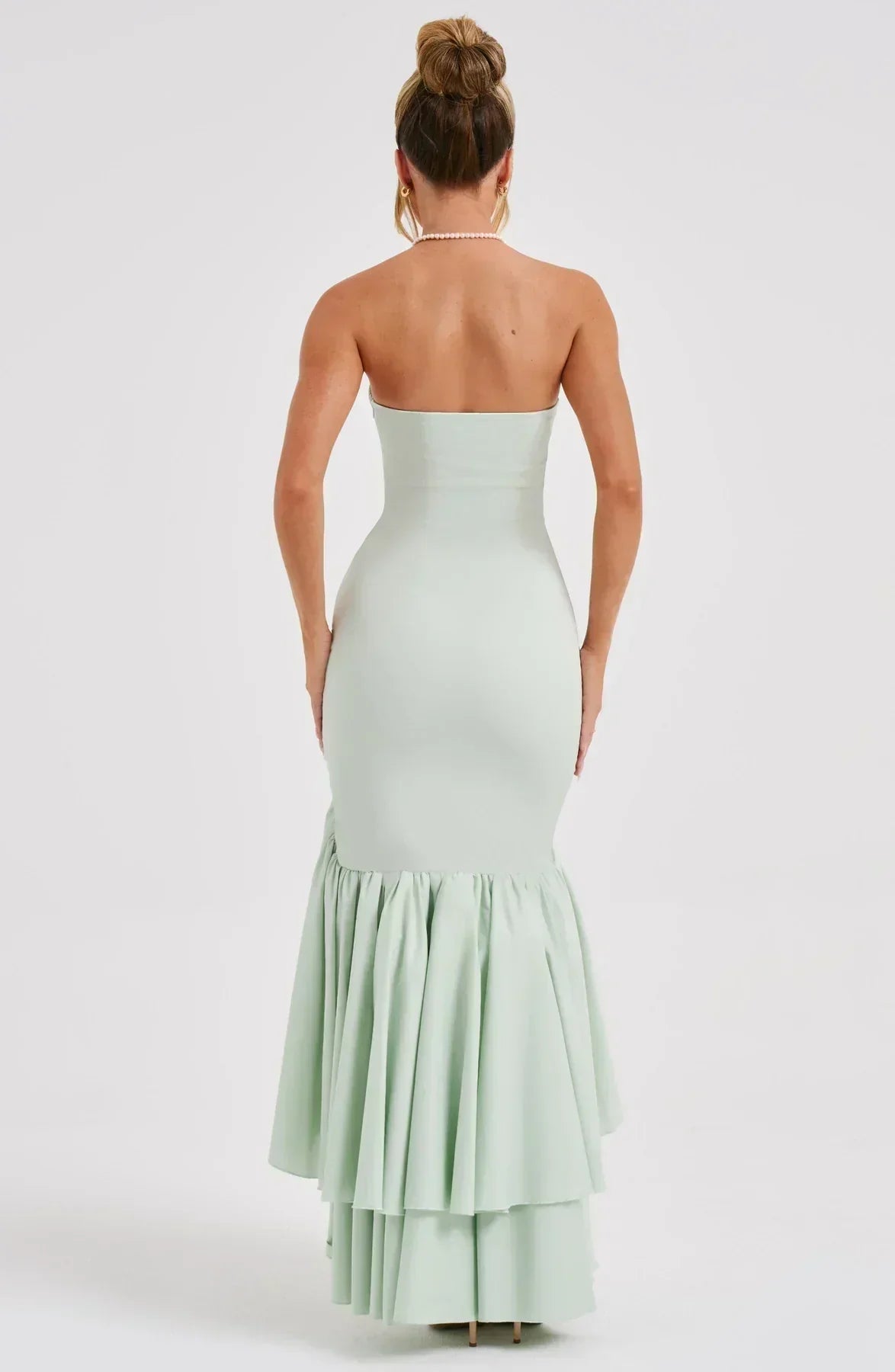 Strapless Floral Print Corset Mermaid Ruffle Asymmetrical Hem Maxi Dress