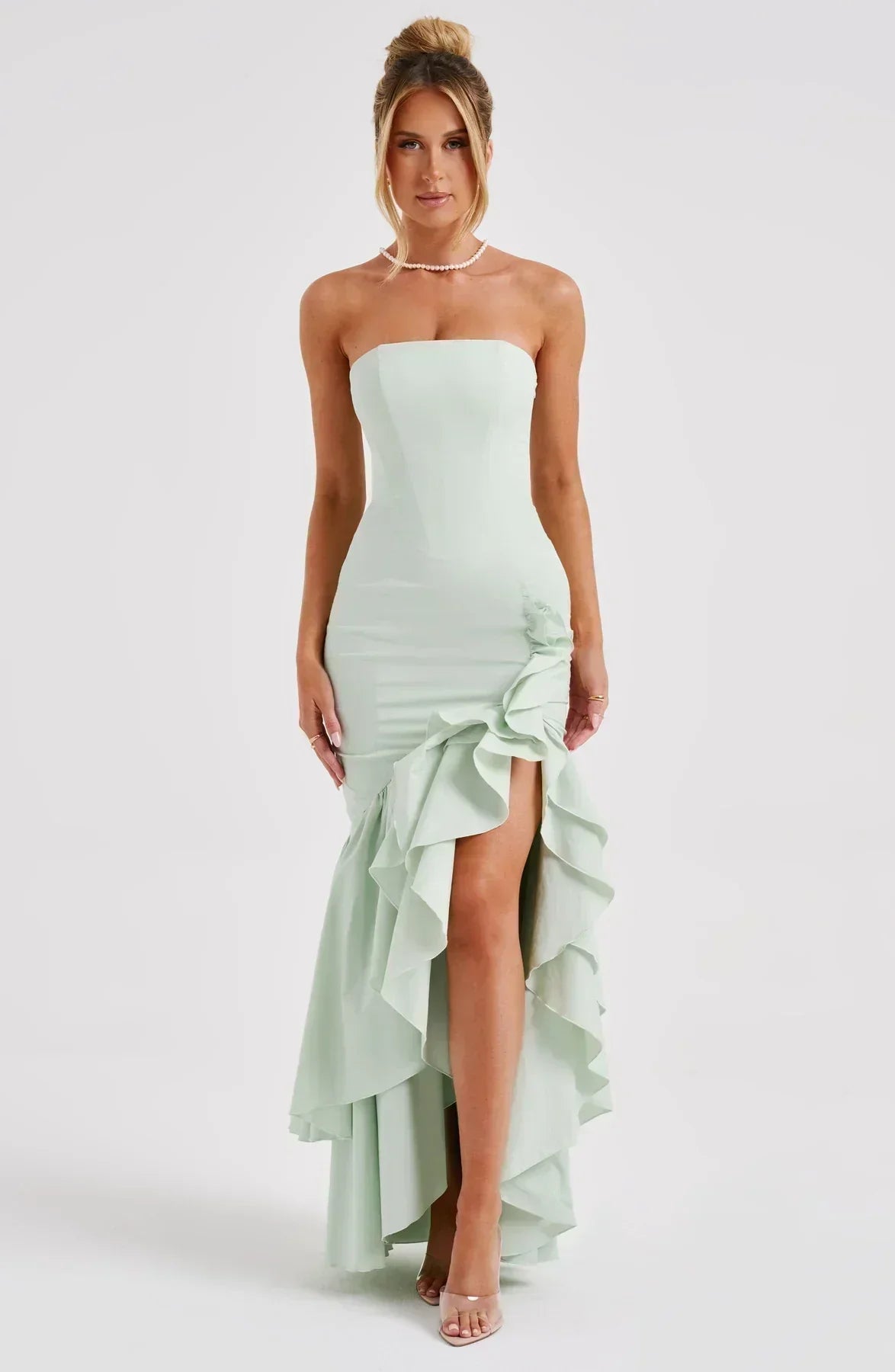 Strapless Floral Print Corset Mermaid Ruffle Asymmetrical Hem Maxi Dress