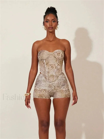Animal Print Strapless Shorts Two Piece Set